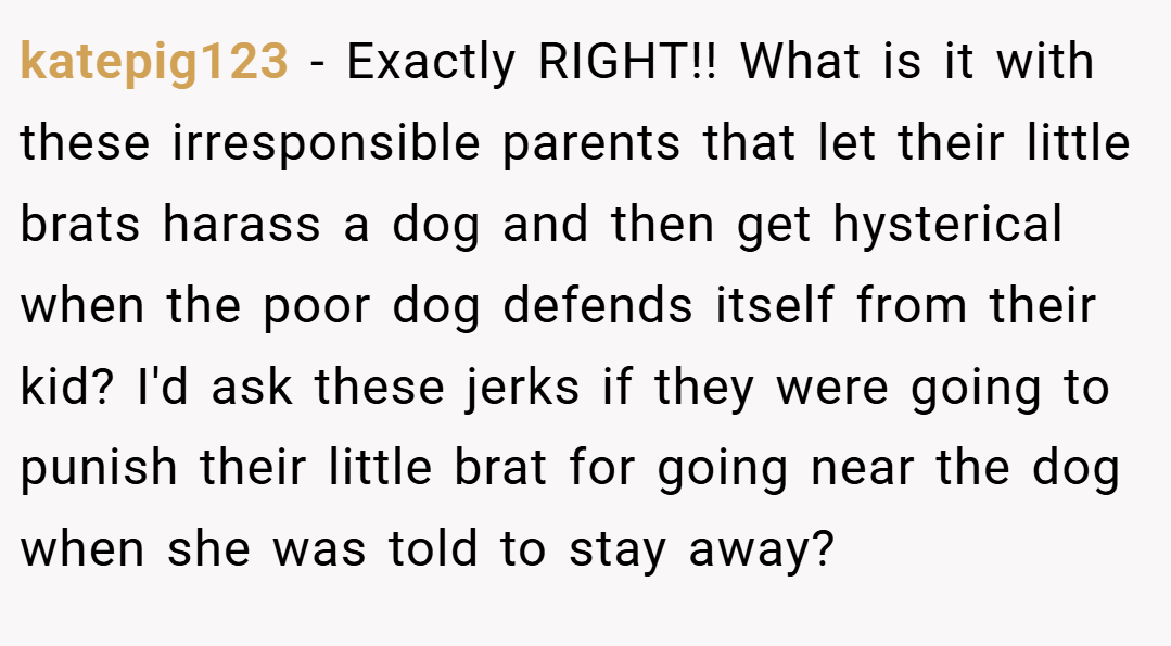 katepig123 − Exactly RIGHT!! What is it with these irresponsible parents that let their little brats harass a dog and then get hysterical when the poor dog defends itself from their kid? I'd ask these jerks if they were going to punish their little brat for going near the dog when she was told to stay away?