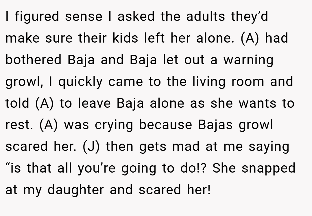 I figured sense I asked the adults they’d make sure their kids left her alone. (A) had bothered Baja and Baja let out a warning growl, I quickly came to the living room and told (A) to leave Baja alone as she wants to rest. (A) was crying because Bajas growl scared her. (J) then gets mad at me saying “is that all you’re going to do!? She snapped at my daughter and scared her!