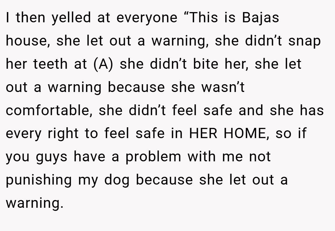 I then yelled at everyone “This is Bajas house, she let out a warning, she didn’t snap her teeth at (A) she didn’t bite her, she let out a warning because she wasn’t comfortable, she didn’t feel safe and she has every right to feel safe in HER HOME, so if you guys have a problem with me not punishing my dog because she let out a warning.
