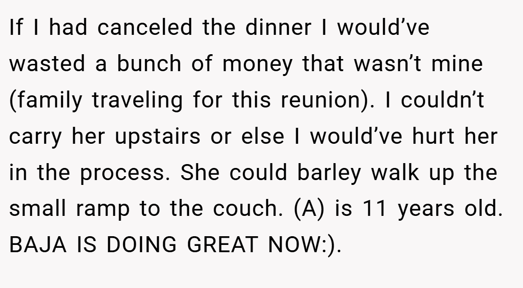 If I had canceled the dinner I would’ve wasted a bunch of money that wasn’t mine (family traveling for this reunion). I couldn’t carry her upstairs or else I would’ve hurt her in the process. She could barley walk up the small ramp to the couch. (A) is 11 years old. BAJA IS DOING GREAT NOW:).
