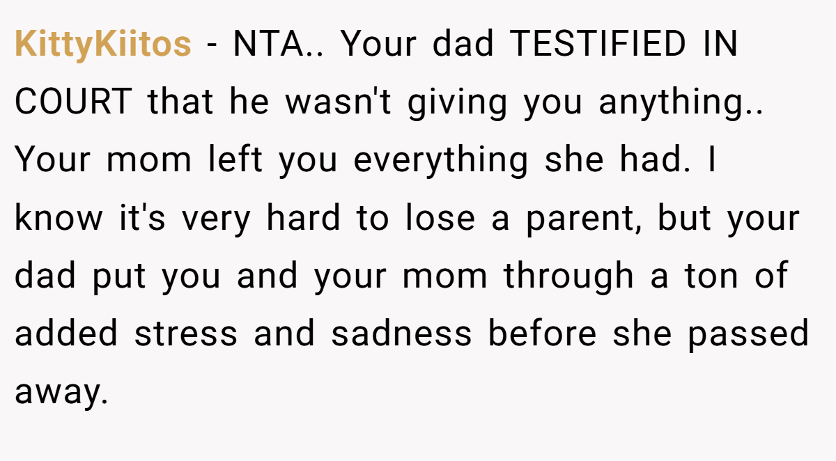 KittyKiitos − NTA.. Your dad TESTIFIED IN COURT that he wasn't giving you anything.. Your mom left you everything she had. I know it's very hard to lose a parent, but your dad put you and your mom through a ton of added stress and sadness before she passed away.