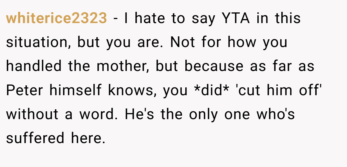 whiterice2323 − I hate to say YTA in this situation, but you are. Not for how you handled the mother, but because as far as Peter himself knows, you *did* 'cut him off' without a word. He's the only one who's suffered here.