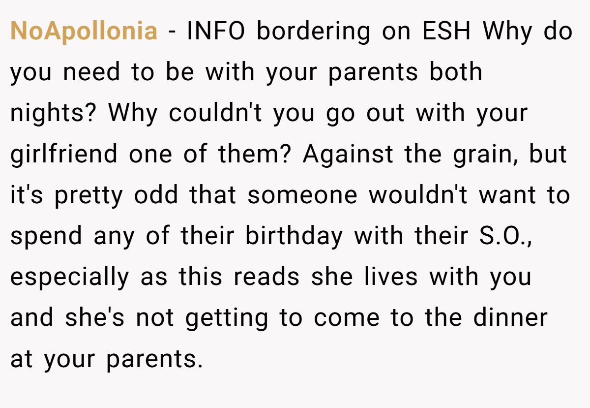 NoApollonia − INFO bordering on ESH Why do you need to be with your parents both nights? Why couldn't you go out with your girlfriend one of them? Against the grain, but it's pretty odd that someone wouldn't want to spend any of their birthday with their S.O., especially as this reads she lives with you and she's not getting to come to the dinner at your parents.