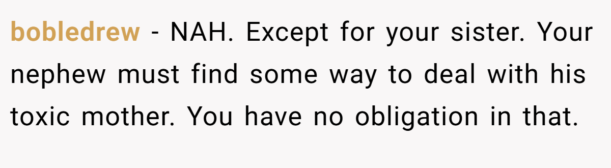 bobledrew − NAH. Except for your sister. Your nephew must find some way to deal with his toxic mother. You have no obligation in that.