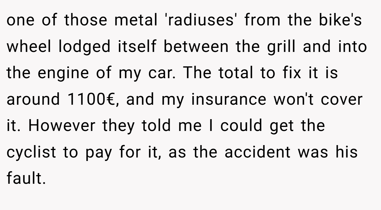 one of those metal 'radiuses' from the bike's wheel lodged itself between the grill and into the engine of my car. The total to fix it is around 1100€, and my insurance won't cover it. However they told me I could get the cyclist to pay for it, as the accident was his fault.
