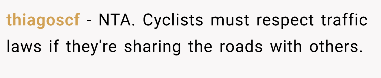 thiagoscf − NTA. Cyclists must respect traffic laws if they're sharing the roads with others.