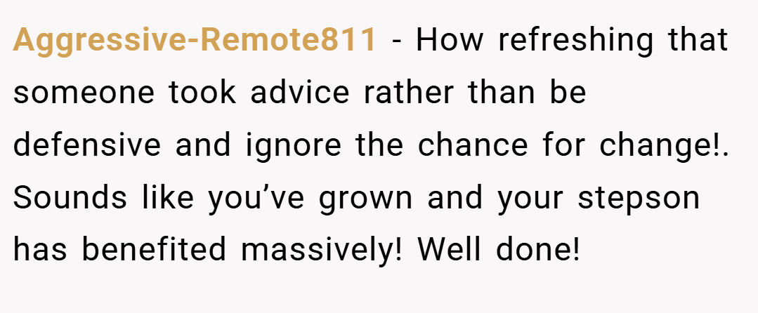 Aggressive-Remote811 − How refreshing that someone took advice rather than be defensive and ignore the chance for change!. Sounds like you’ve grown and your stepson has benefited massively! Well done!