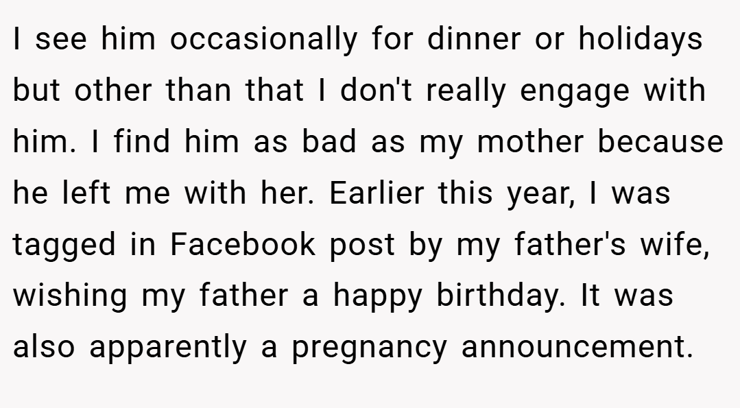 I see him occasionally for dinner or holidays but other than that I don't really engage with him. I find him as bad as my mother because he left me with her. Earlier this year, I was tagged in Facebook post by my father's wife, wishing my father a happy birthday. It was also apparently a pregnancy announcement.