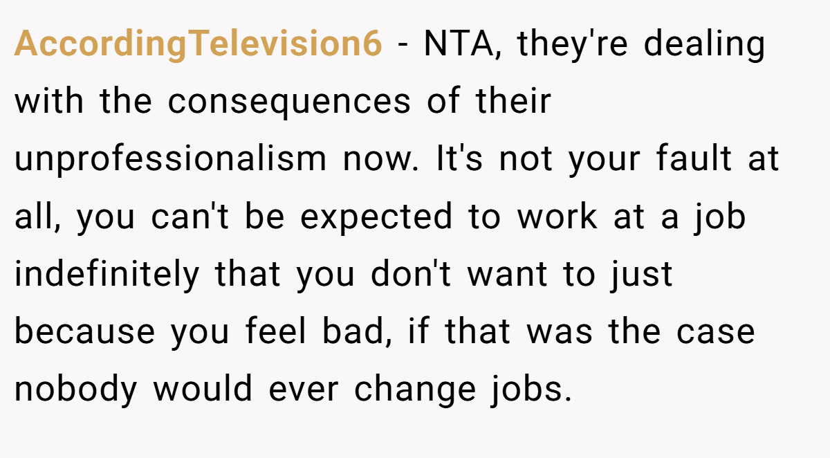 AccordingTelevision6 − NTA, they're dealing with the consequences of their unprofessionalism now. It's not your fault at all, you can't be expected to work at a job indefinitely that you don't want to just because you feel bad, if that was the case nobody would ever change jobs.
