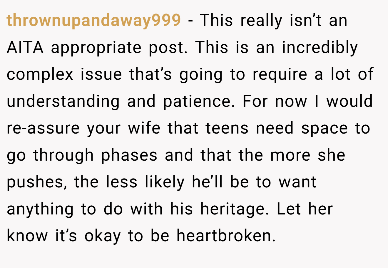 thrownupandaway999 − This really isn’t an AITA appropriate post. This is an incredibly complex issue that’s going to require a lot of understanding and patience. For now I would re-assure your wife that teens need space to go through phases and that the more she pushes, the less likely he’ll be to want anything to do with his heritage. Let her know it’s okay to be heartbroken.