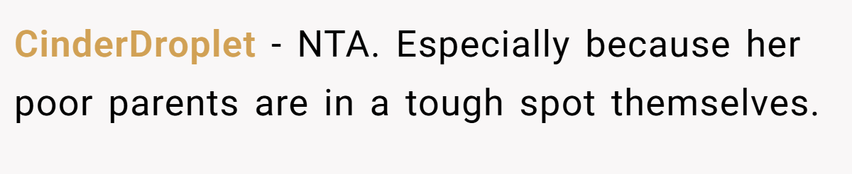 CinderDroplet − NTA. Especially because her poor parents are in a tough spot themselves.