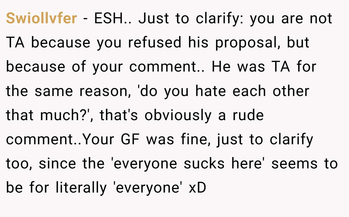 Swiollvfer − ESH.. Just to clarify: you are not TA because you refused his proposal, but because of your comment.. He was TA for the same reason, 'do you hate each other that much?', that's obviously a rude comment..Your GF was fine, just to clarify too, since the 'everyone sucks here' seems to be for literally 'everyone' xD