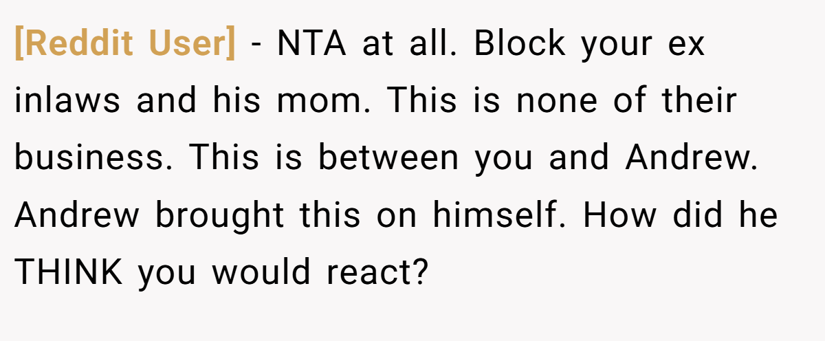 [Reddit User] − NTA at all. Block your ex inlaws and his mom. This is none of their business. This is between you and Andrew. Andrew brought this on himself. How did he THINK you would react?