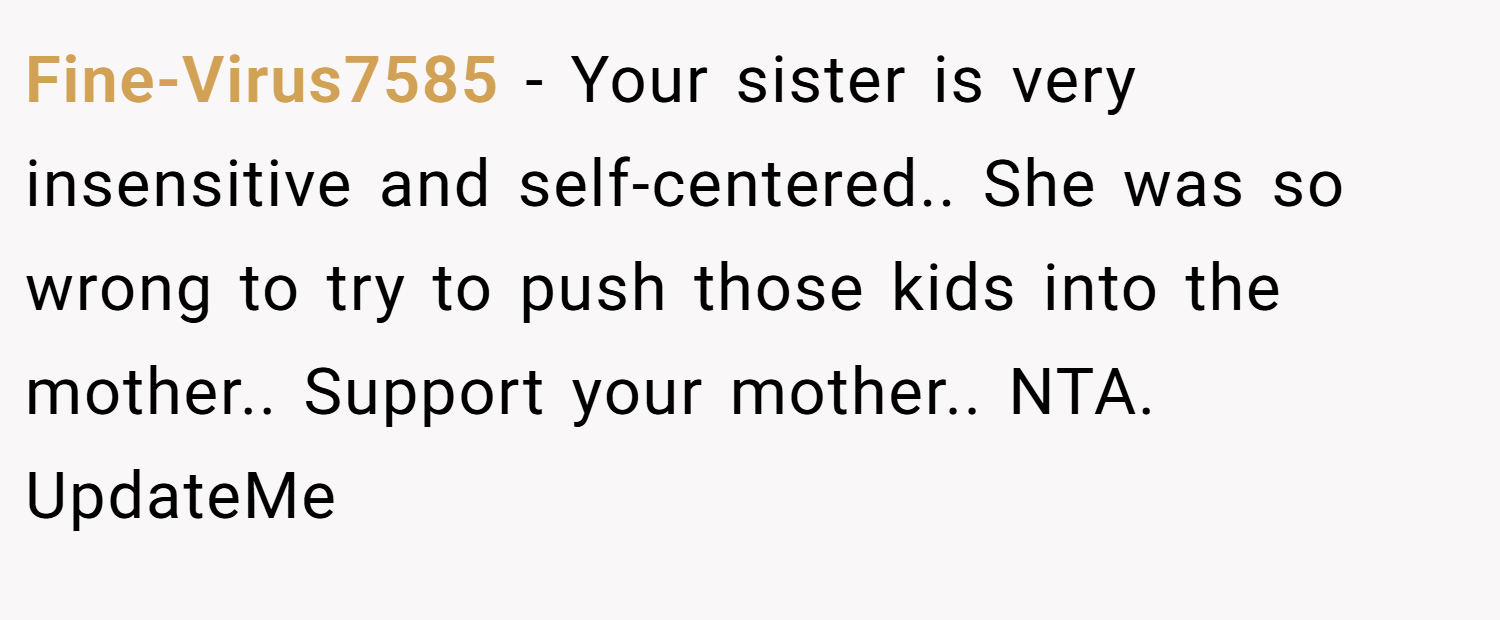 Fine-Virus7585 − Your sister is very insensitive and self-centered.. She was so wrong to try to push those kids into the mother.. Support your mother.. NTA. UpdateMe