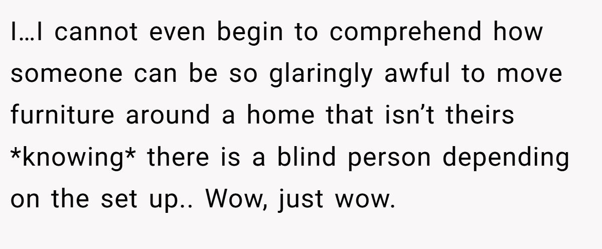 I…I cannot even begin to comprehend how someone can be so glaringly awful to move furniture around a home that isn’t theirs *knowing* there is a blind person depending on the set up.. Wow, just wow.