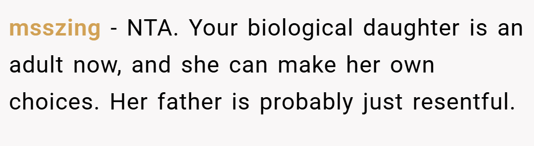 msszing − NTA. Your biological daughter is an adult now, and she can make her own choices. Her father is probably just resentful.