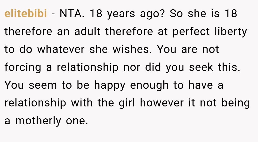 elitebibi − NTA. 18 years ago? So she is 18 therefore an adult therefore at perfect liberty to do whatever she wishes. You are not forcing a relationship nor did you seek this. You seem to be happy enough to have a relationship with the girl however it not being a motherly one.