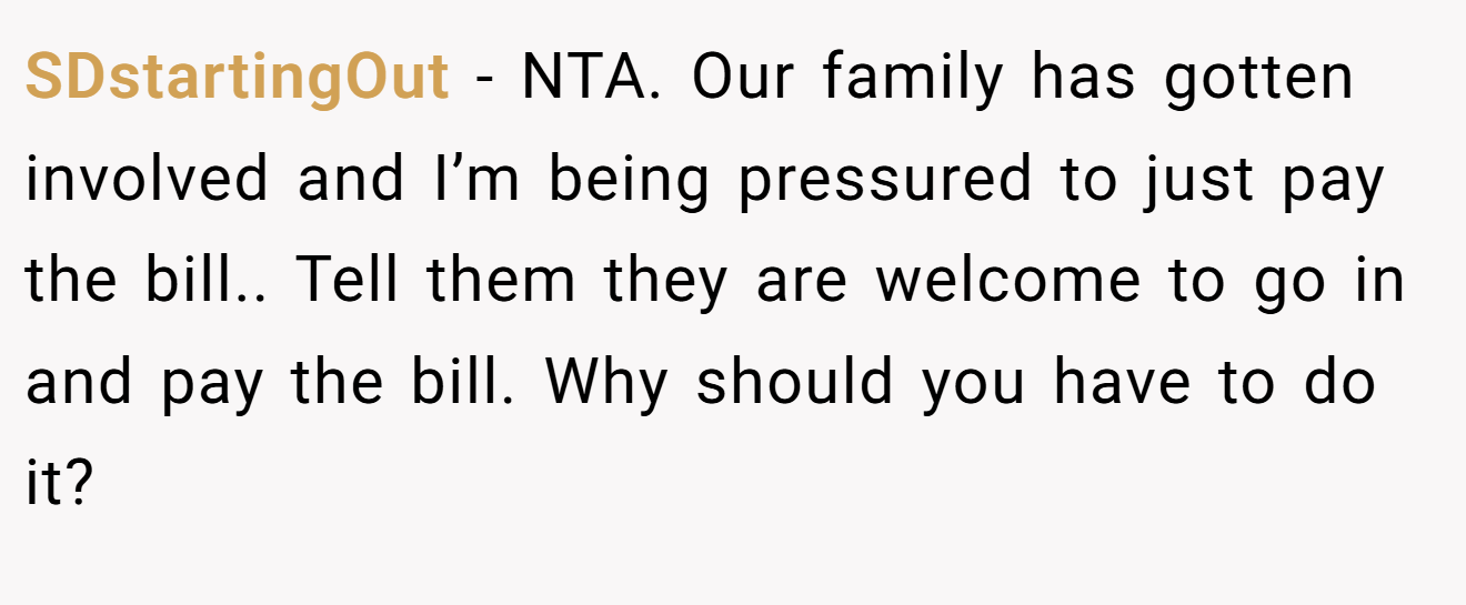 SDstartingOut − NTA. Our family has gotten involved and I’m being pressured to just pay the bill.. Tell them they are welcome to go in and pay the bill. Why should you have to do it?