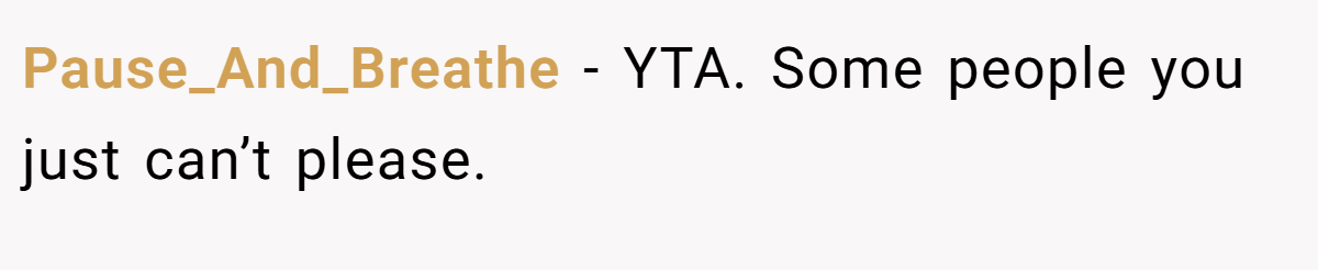 Pause_And_Breathe − YTA. Some people you just can’t please.