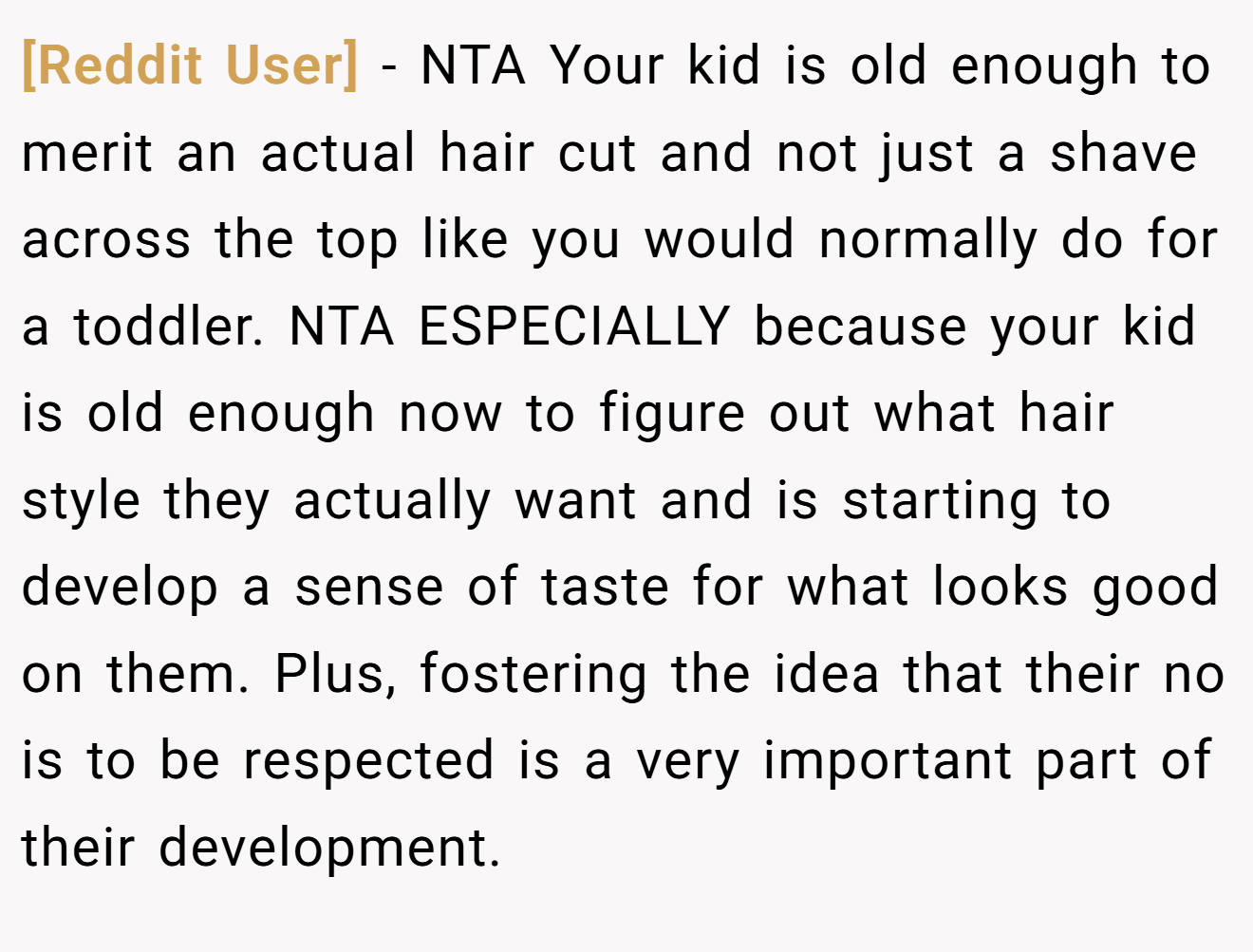 [Reddit User] − NTA Your kid is old enough to merit an actual hair cut and not just a shave across the top like you would normally do for a toddler. NTA ESPECIALLY because your kid is old enough now to figure out what hair style they actually want and is starting to develop a sense of taste for what looks good on them. Plus, fostering the idea that their no is to be respected is a very important part of their development.
