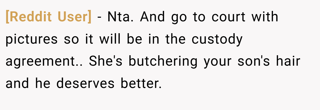 [Reddit User] − Nta. And go to court with pictures so it will be in the custody agreement.. She's butchering your son's hair and he deserves better.