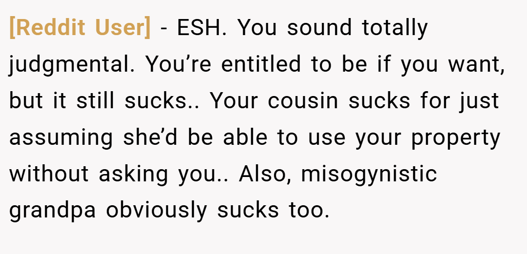 [Reddit User] − ESH. You sound totally judgmental. You’re entitled to be if you want, but it still sucks.. Your cousin sucks for just assuming she’d be able to use your property without asking you.. Also, misogynistic grandpa obviously sucks too.