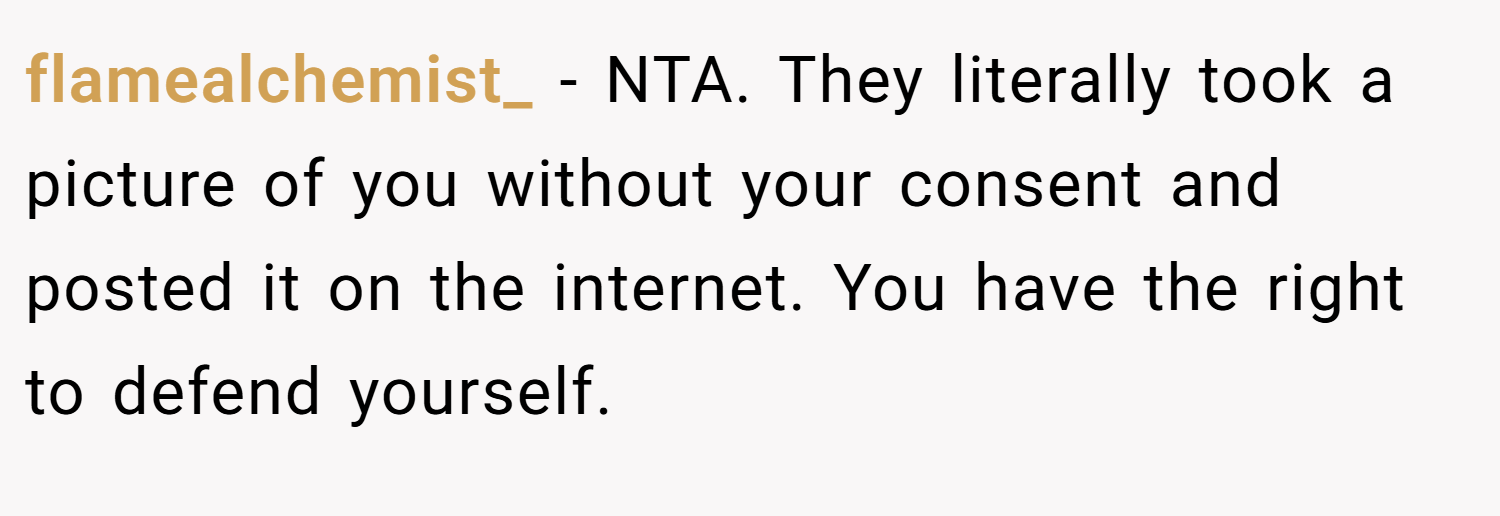 flamealchemist_ − NTA. They literally took a picture of you without your consent and posted it on the internet. You have the right to defend yourself.