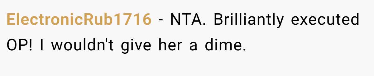 ElectronicRub1716 − NTA. Brilliantly executed OP! I wouldn't give her a dime.