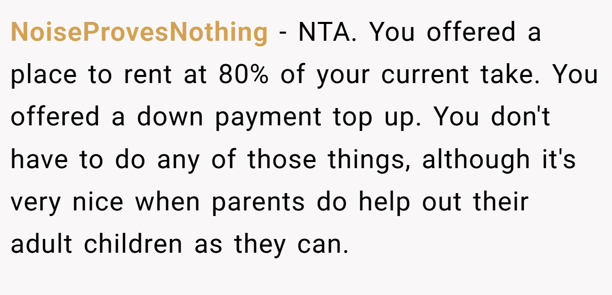 NoiseProvesNothing − NTA. You offered a place to rent at 80% of your current take. You offered a down payment top up. You don't have to do any of those things, although it's very nice when parents do help out their adult children as they can.