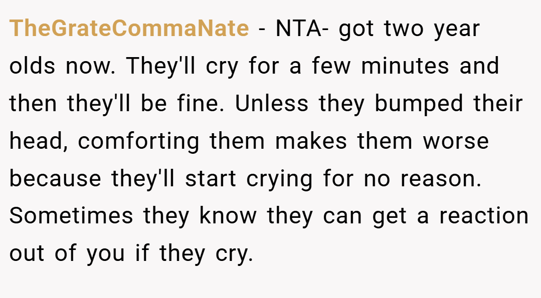 TheGrateCommaNate − NTA- got two year olds now. They'll cry for a few minutes and then they'll be fine. Unless they bumped their head, comforting them makes them worse because they'll start crying for no reason. Sometimes they know they can get a reaction out of you if they cry.
