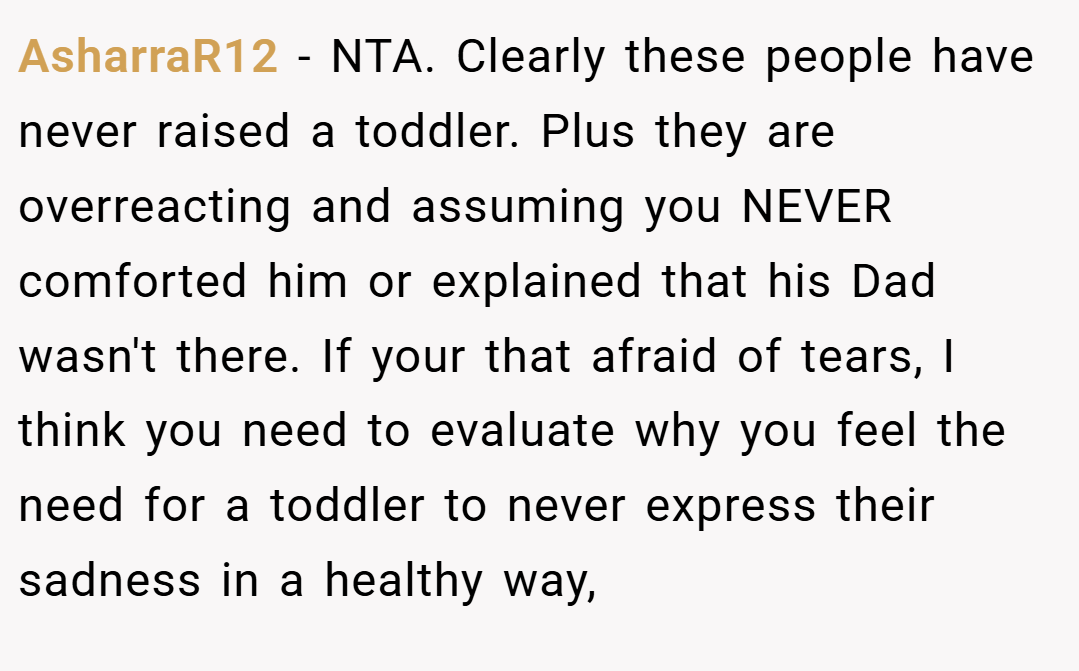 AsharraR12 − NTA. Clearly these people have never raised a toddler. Plus they are overreacting and assuming you NEVER comforted him or explained that his Dad wasn't there. If your that afraid of tears, I think you need to evaluate why you feel the need for a toddler to never express their sadness in a healthy way,