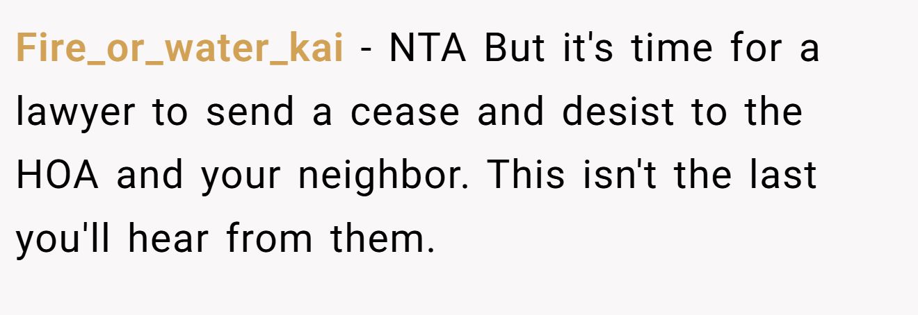 Fire_or_water_kai − NTA But it's time for a lawyer to send a cease and desist to the HOA and your neighbor. This isn't the last you'll hear from them.