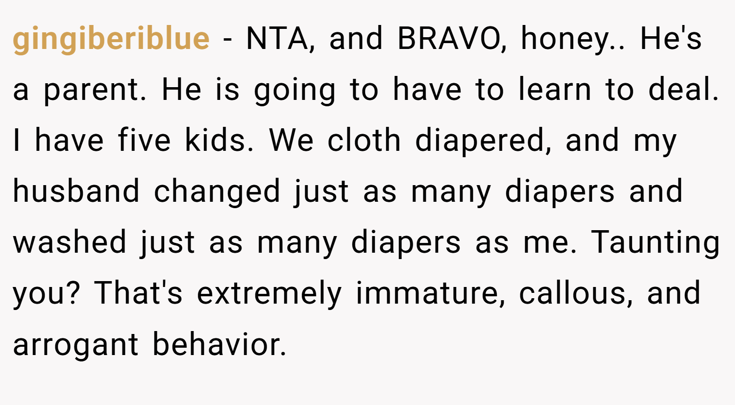 gingiberiblue − NTA, and BRAVO, honey.. He's a parent. He is going to have to learn to deal. I have five kids. We cloth diapered, and my husband changed just as many diapers and washed just as many diapers as me. Taunting you? That's extremely immature, callous, and arrogant behavior.
