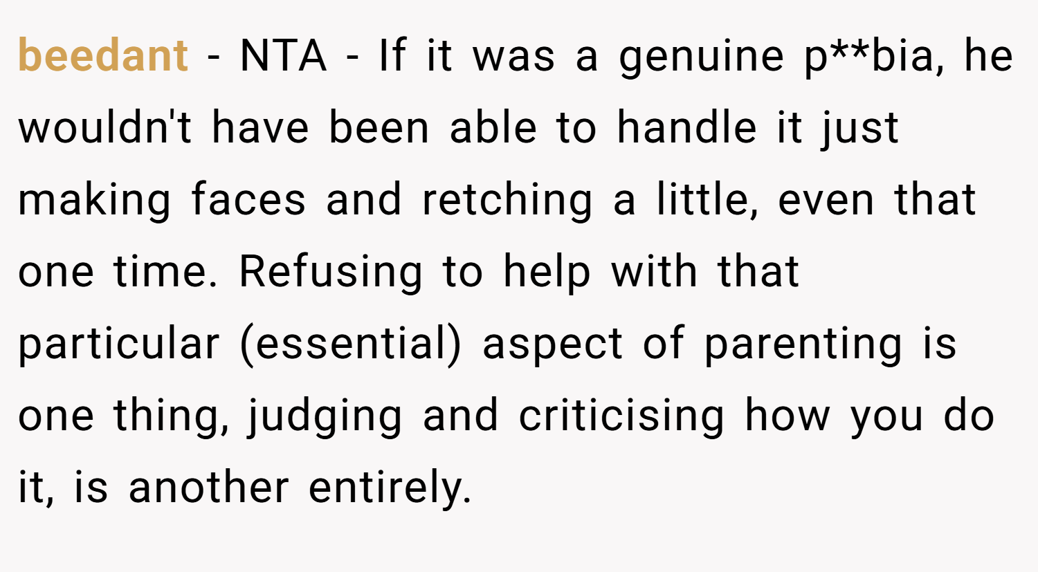 beedant − NTA - If it was a genuine p**bia, he wouldn't have been able to handle it just making faces and retching a little, even that one time. Refusing to help with that particular (essential) aspect of parenting is one thing, judging and criticising how you do it, is another entirely.