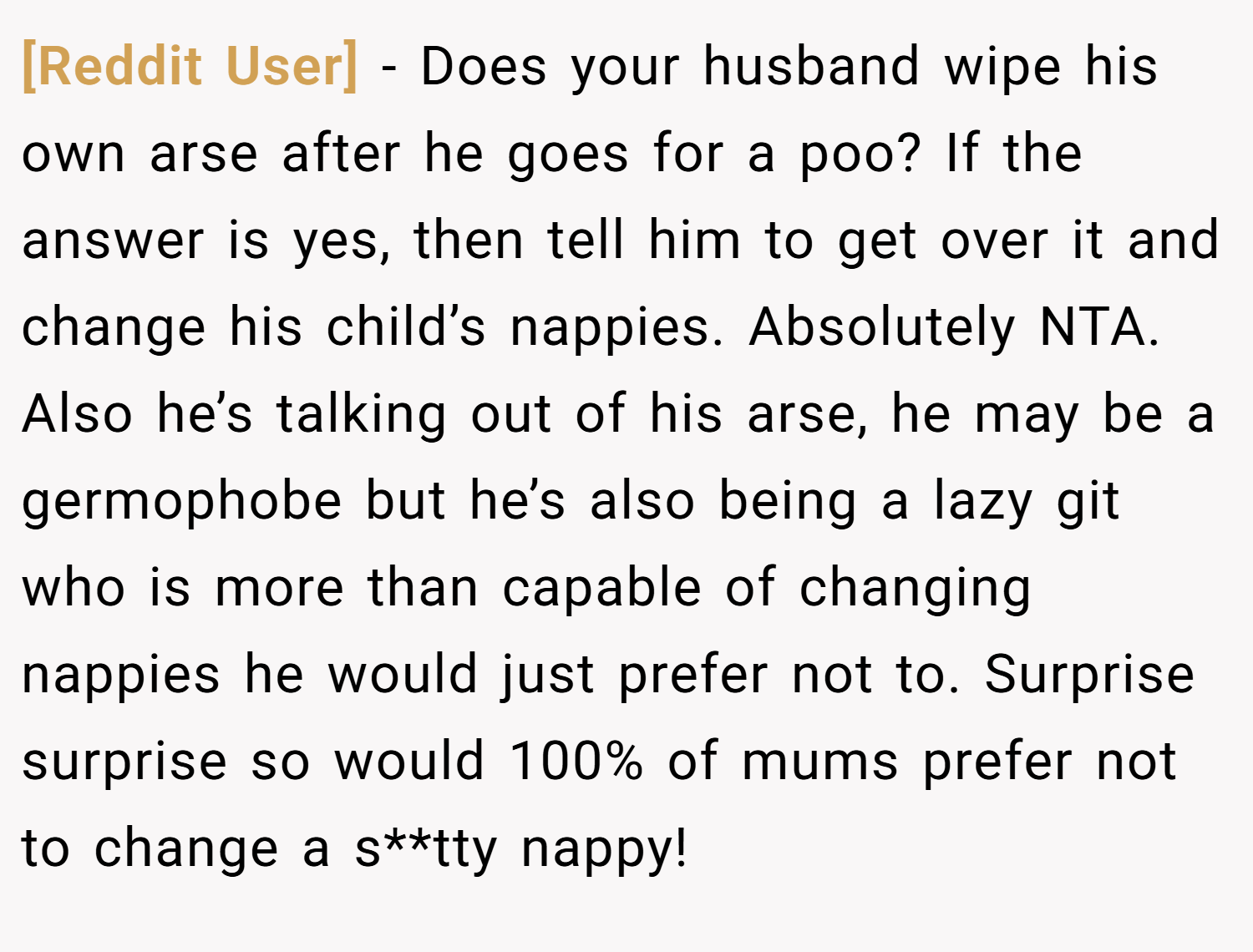 [Reddit User] − Does your husband wipe his own arse after he goes for a poo? If the answer is yes, then tell him to get over it and change his child’s nappies. Absolutely NTA. Also he’s talking out of his arse, he may be a germophobe but he’s also being a lazy git who is more than capable of changing nappies he would just prefer not to. Surprise surprise so would 100% of mums prefer not to change a s**tty nappy!