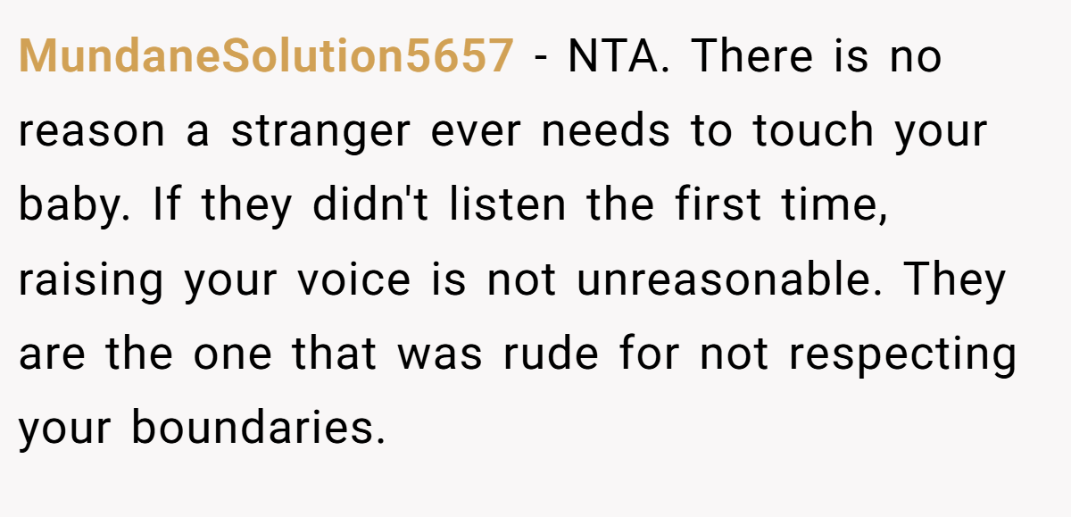 MundaneSolution5657 − NTA. There is no reason a stranger ever needs to touch your baby. If they didn't listen the first time, raising your voice is not unreasonable. They are the one that was rude for not respecting your boundaries.