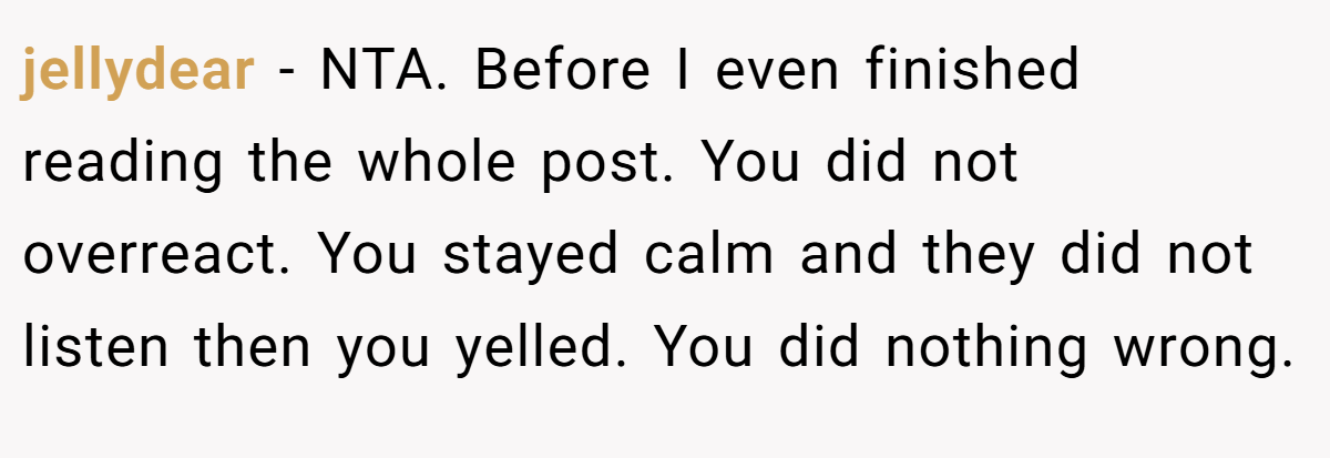 jellydear − NTA. Before I even finished reading the whole post. You did not overreact. You stayed calm and they did not listen then you yelled. You did nothing wrong.