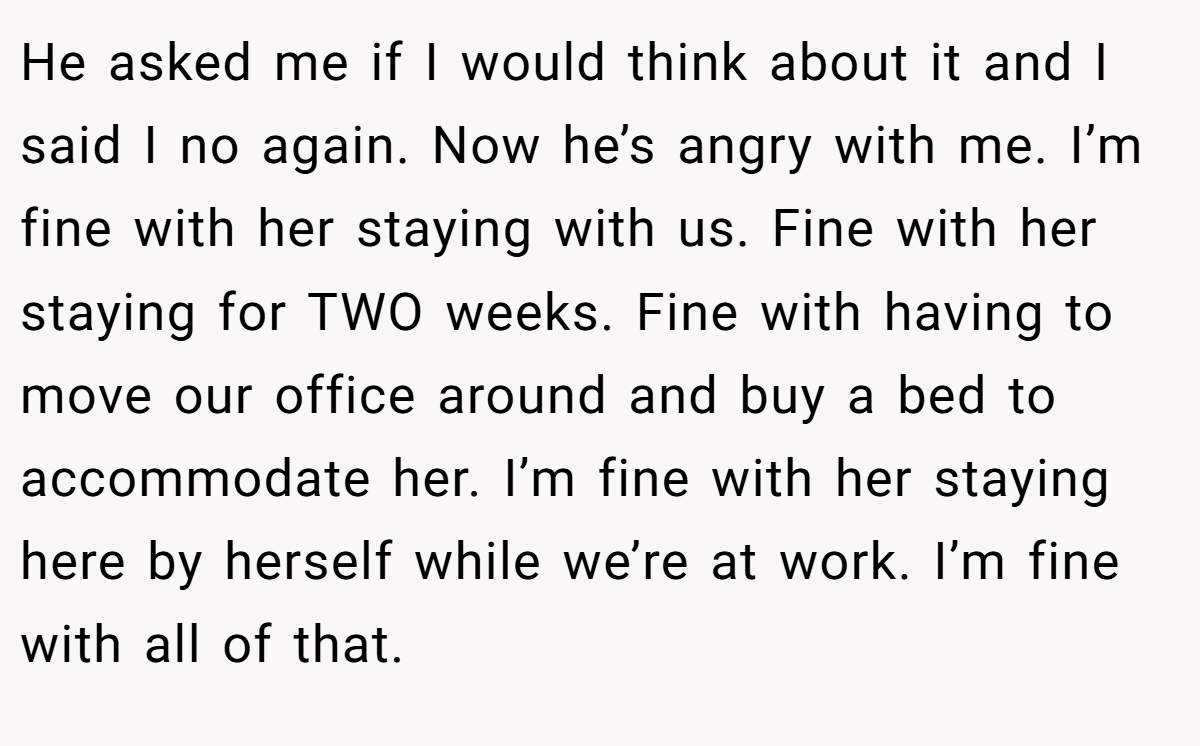 He asked me if I would think about it and I said I no again. Now he’s angry with me. I’m fine with her staying with us. Fine with her staying for TWO weeks. Fine with having to move our office around and buy a bed to accommodate her. I’m fine with her staying here by herself while we’re at work. I’m fine with all of that.