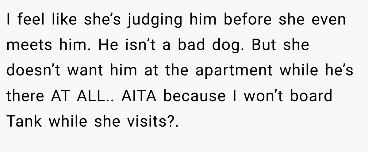 I feel like she’s judging him before she even meets him. He isn’t a bad dog. But she doesn’t want him at the apartment while he’s there AT ALL.. AITA because I won’t board Tank while she visits?.