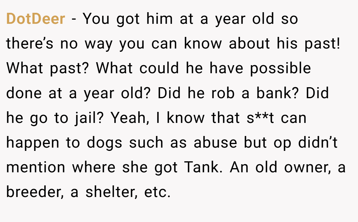 DotDeer − You got him at a year old so there’s no way you can know about his past! What past? What could he have possible done at a year old? Did he rob a bank? Did he go to jail? Yeah, I know that s**t can happen to dogs such as abuse but op didn’t mention where she got Tank. An old owner, a breeder, a shelter, etc.