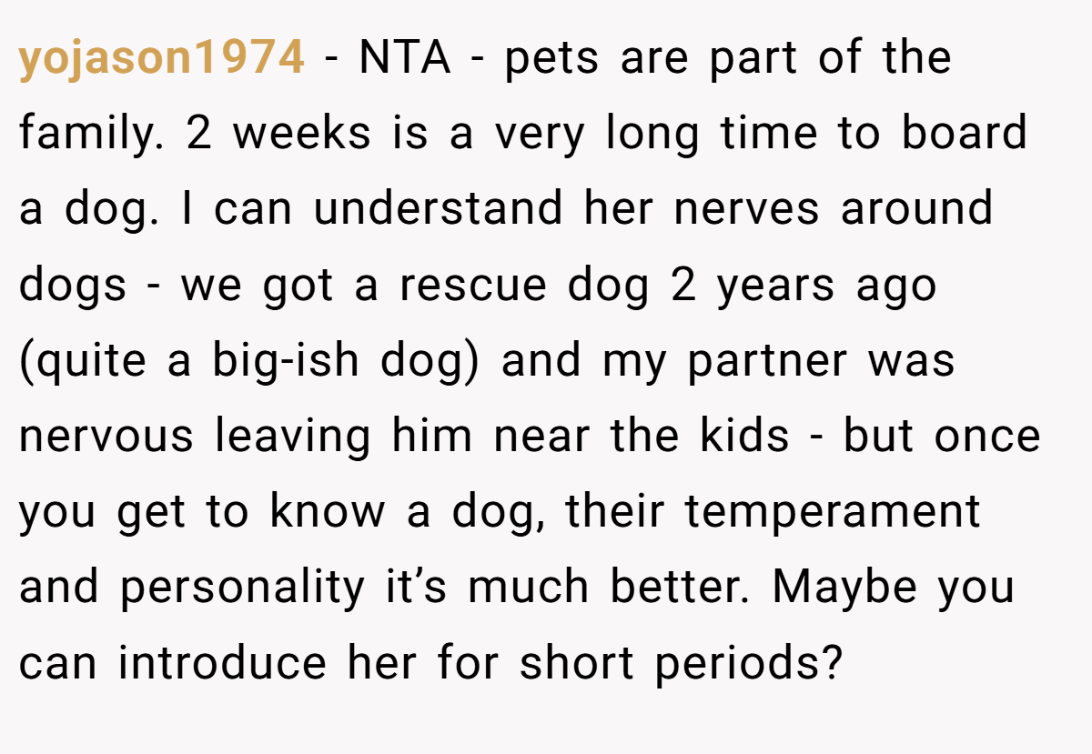 yojason1974 − NTA - pets are part of the family. 2 weeks is a very long time to board a dog. I can understand her nerves around dogs - we got a rescue dog 2 years ago (quite a big-ish dog) and my partner was nervous leaving him near the kids - but once you get to know a dog, their temperament and personality it’s much better. Maybe you can introduce her for short periods?