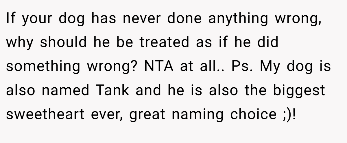 If your dog has never done anything wrong, why should he be treated as if he did something wrong? NTA at all.. Ps. My dog is also named Tank and he is also the biggest sweetheart ever, great naming choice ;)!