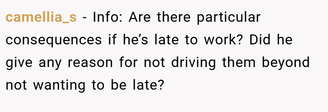 camellia_s − Info: Are there particular consequences if he’s late to work? Did he give any reason for not driving them beyond not wanting to be late?