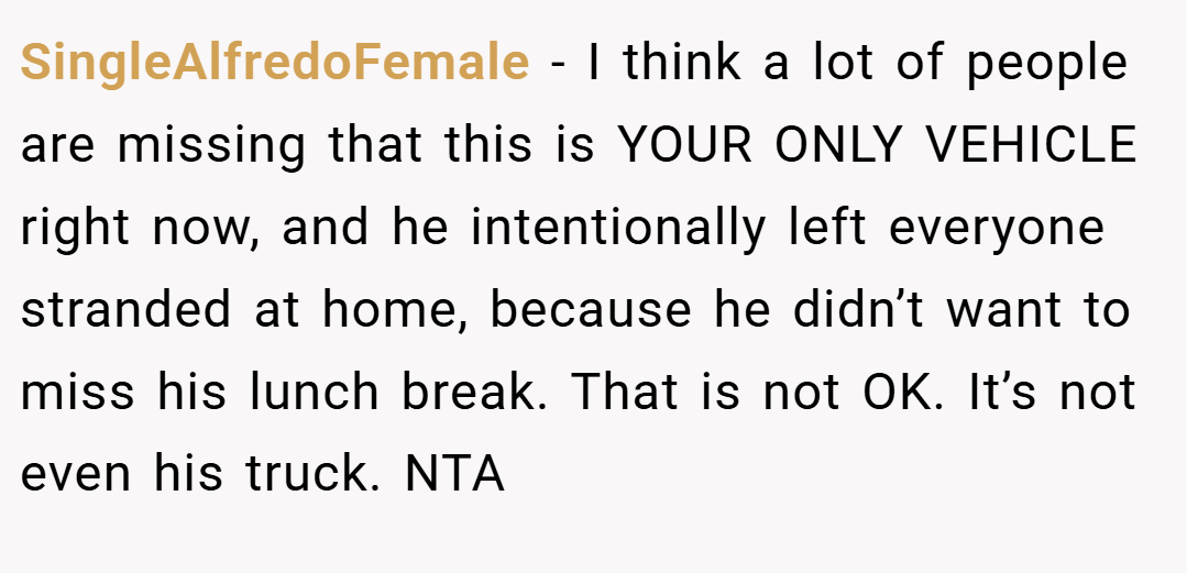 SingleAlfredoFemale − I think a lot of people are missing that this is YOUR ONLY VEHICLE right now, and he intentionally left everyone stranded at home, because he didn’t want to miss his lunch break. That is not OK. It’s not even his truck. NTA