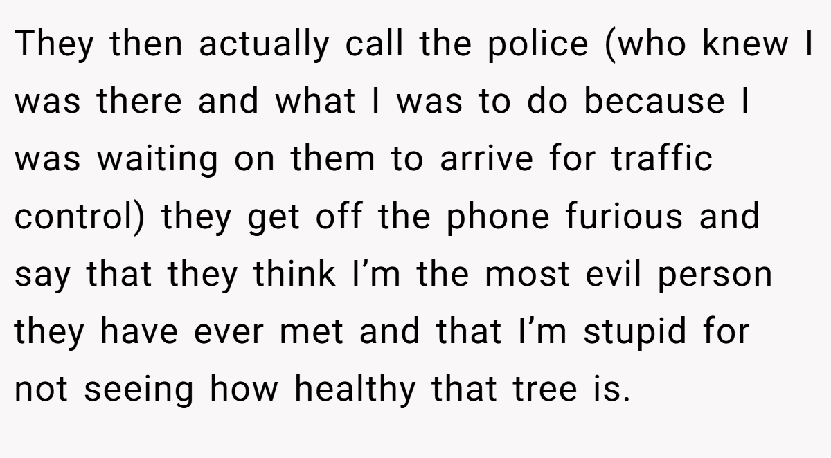 They then actually call the police (who knew I was there and what I was to do because I was waiting on them to arrive for traffic control) they get off the phone furious and say that they think I’m the most evil person they have ever met and that I’m stupid for not seeing how healthy that tree is.