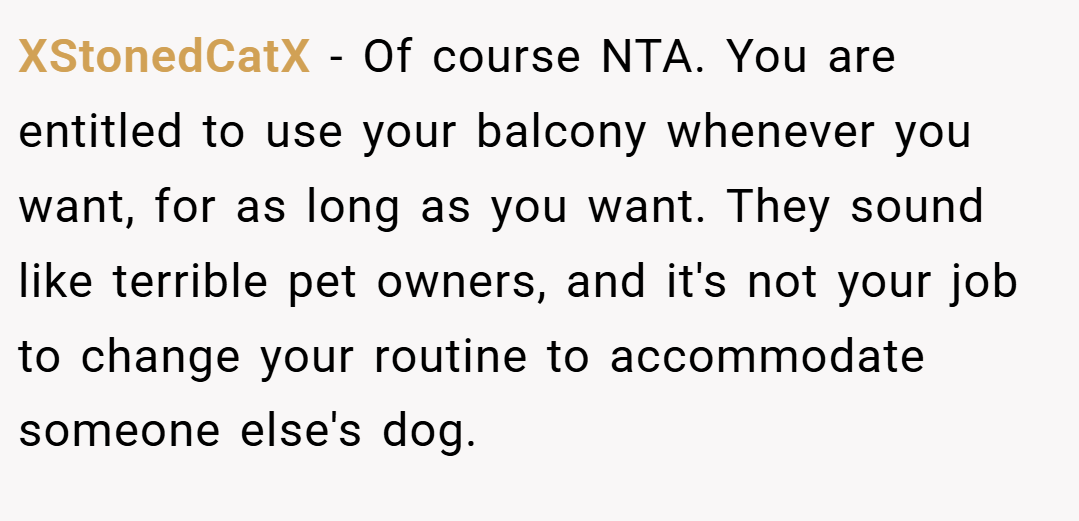 XStonedCatX − Of course NTA. You are entitled to use your balcony whenever you want, for as long as you want. They sound like terrible pet owners, and it's not your job to change your routine to accommodate someone else's dog.