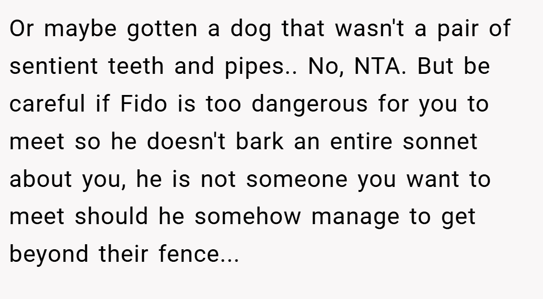 Or maybe gotten a dog that wasn't a pair of sentient teeth and pipes.. No, NTA. But be careful if Fido is too dangerous for you to meet so he doesn't bark an entire sonnet about you, he is not someone you want to meet should he somehow manage to get beyond their fence...