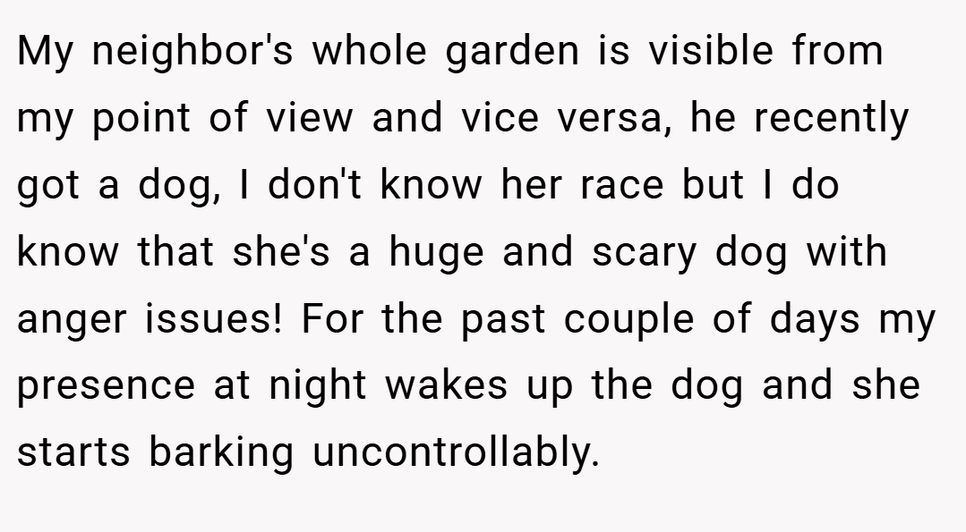 My neighbor's whole garden is visible from my point of view and vice versa, he recently got a dog, I don't know her race but I do know that she's a huge and scary dog with anger issues! For the past couple of days my presence at night wakes up the dog and she starts barking uncontrollably.