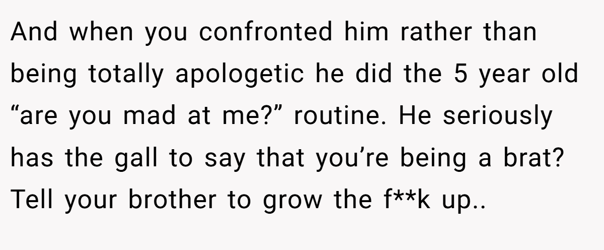 And when you confronted him rather than being totally apologetic he did the 5 year old “are you mad at me?” routine. He seriously has the gall to say that you’re being a brat? Tell your brother to grow the f**k up..