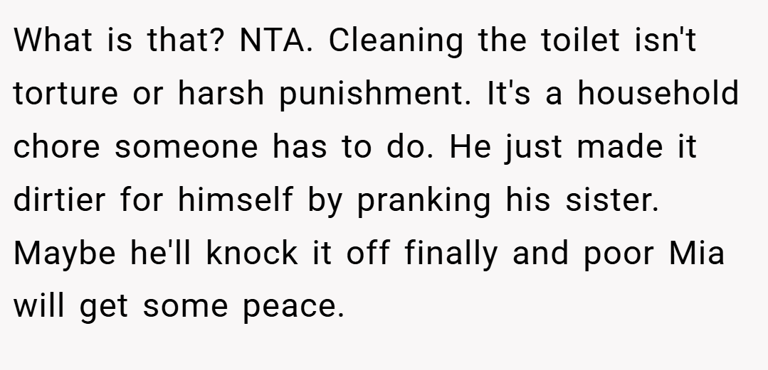 What is that? NTA. Cleaning the toilet isn't torture or harsh punishment. It's a household chore someone has to do. He just made it dirtier for himself by pranking his sister. Maybe he'll knock it off finally and poor Mia will get some peace.